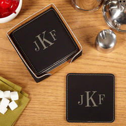 6 Classic Monogram Leather Drink Coasters with Holder