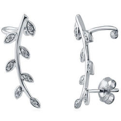 Sterling Silver and Cubic Zirconia Leaf Cuff Earrings