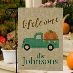 Personalized Welcome Fall Truck Burlap Garden Flag