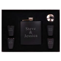 Personalized Modern Stainless Steel Black Flask and Shot Cups