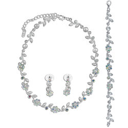 Silver-Tone Rhinestone Bracelet, Earrings and Necklace Set