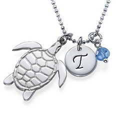Turtle Necklace with Personalized Initial and Birthstone