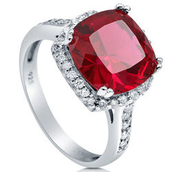 Sterling Silver Simulated Cushion Ruby CZ Halo Ring