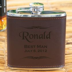 Personalized Stainless Steel Flask with Brown Leather Wrap