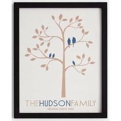 Personalized Blue Bird Family Tree Art Print in Black Frame