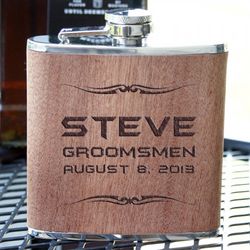 Personalized Flask with Sapele Wood Wrap