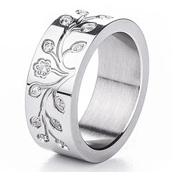 Engraved Tree of Life Cubic Zirconia Stainless Steel Ring