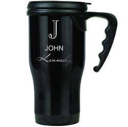 Name and Initial Black Travel Coffee Mug with Handle