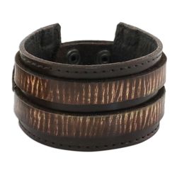 Men's Genuine Charm Leather Wristband Bracelet in Dark Brown