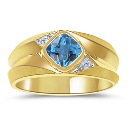 Diamond & Swiss Blue Topaz Mens Ring in 14K Yellow Gold