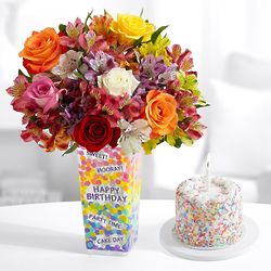 Birthday Smiles Bouquet with Vase and Petite Birthday Cake