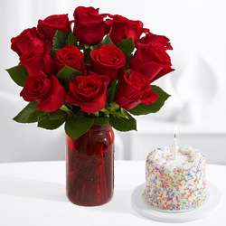 12 Red Roses with Petite Birthday Cake