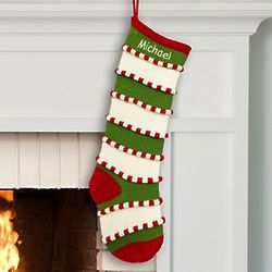 Embroidered Green Striped Stocking