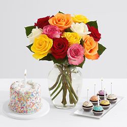 12 Rainbow Roses with 6 Brownie Pops and Petite Birthday Cake