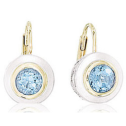 14k Two Tone Gold Round Bezel Blue Topaz Drop Earrings