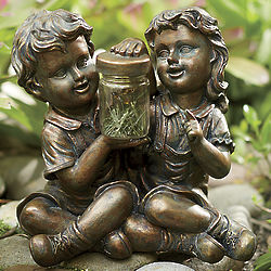 Boy and Girl Garden Statue with Solar Light Jar