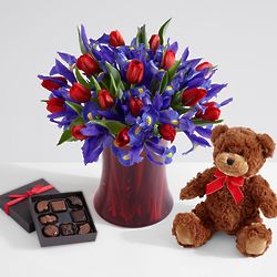 Deluxe Hugs and Kisses Bouquet with Ruby Vase, Chocolates & Bear