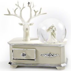 Wedding Couple Musical Snow Globe Atop Ivory Dresser with Stag