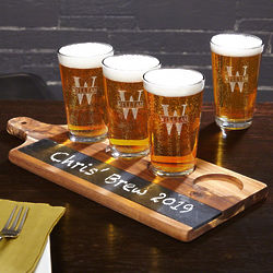 Acacia Beer Serving Tray with Personalized Oakmont Pint Glasses