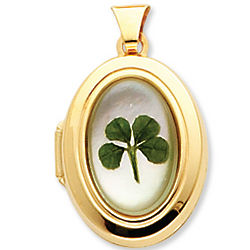 14k Yellow Gold Mother of Pearl Four Leaf Clover Oval Locket