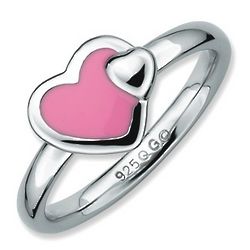 Pink Enamel Double Heart Stack Ring in Sterling Silver