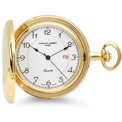 Engraved Gold Tone Pocket Watch & Chain