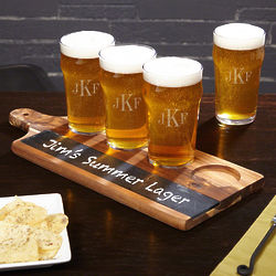 Classic Monogram Pub Glasses with Acacia Drink Serving Tray