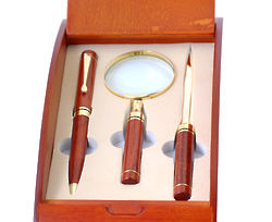 Rosewood & Brass Pen, Letter Opener and Magnifier Gift Set
