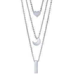 Silver-Tone Heart, Crescent Moon, Bar Fashion Layered Necklace
