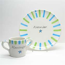Child's Personalized Blue and Green Cup and Plate Set