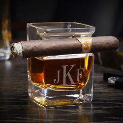 Classic Monogram Engraved Whiskey Glass with Cigar Holder