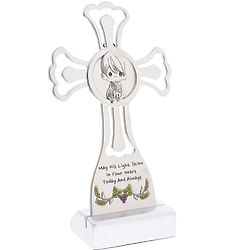 First Communion Boy's Metal Cross with Base