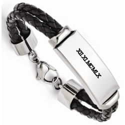 Mens Woven Leather Bracelet with Engraved Roman Numerals