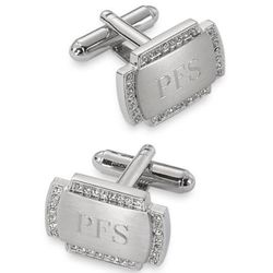 Crystal Border Brushed Metal Rectangle Engraveable Cuff Links