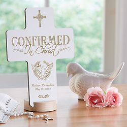 Personalized Confirmation Cross with Maple Stand