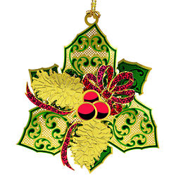 Elegant Holly Gold Plated Brass Christmas Ornament