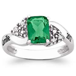 Sterling Silver Emerald-Cut Birthstone Class Ring with Diamonds