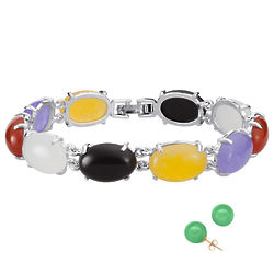 Multicolor Jade Cabochon Bracelet and Earrings