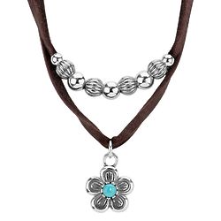 Double Strand Brown Leather Turquoise Flower Necklace