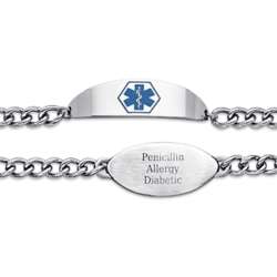 Stainless Steel Medical Alert Engraved Blue Oval Bracelet
