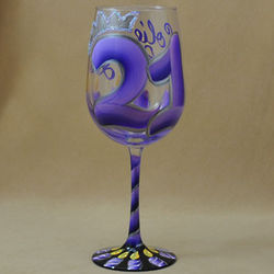21st Birthday with Crown and Glitter Hand Painted Wine Glass