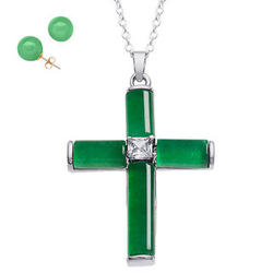 Jade and Cubic Zirconia Cross Pendant and Earrings