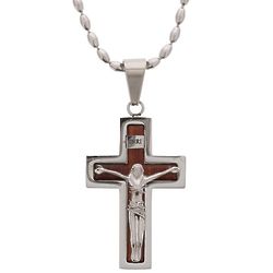 Wood & Stainless Steel Crucifix Necklace