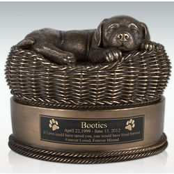 Large Bronze Dog in Basket Engravable Cremation Urn