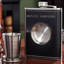 Stainless Steel and Leather Wrap Dual Liquor Flask and Shot Glass