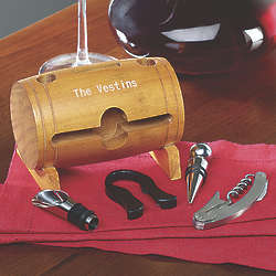Personalized Wine Tool Set in Wood Barrel Holder