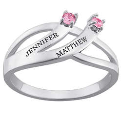 Sterling Silver Couple's Engraved Birthstone Curved Ring
