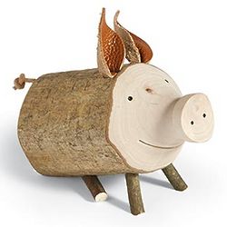 Sitting Hand-Carved Wooden Pig