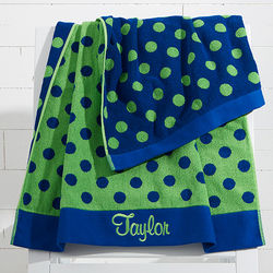 Embroidered Navy and Green Polka Dot Towel