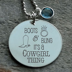Boots and Bling Its a Cowgirl Thing Disc Necklace with Birthstone